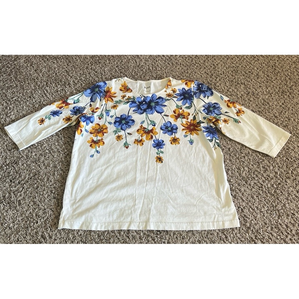 Vintage Blair Women's Cream Blue Yellow flowers Quarter Sleeve Top Size‎ Large